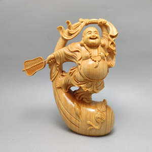 崖柏木雕大肚弥勒佛摆件拿扇开心和尚笑佛家用车载装饰工艺品礼物