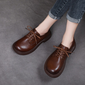 真皮低帮大头鞋女2021秋季新款纯皮系带英伦风小皮鞋低跟软底单鞋