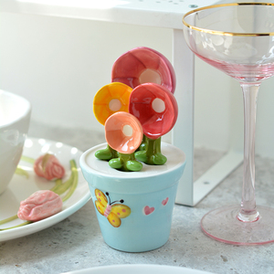 创意小花朵蝴蝶可爱烘焙刻度家用厨房陶瓷小勺子带底花盆花瓣量勺