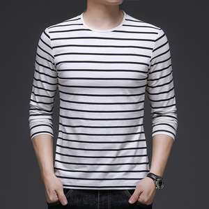 长袖t恤男士横条纹圆领打底汗衫青年单件上衣休闲秋衣百搭内衣服