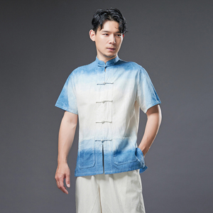 唐装夏装男中国风对襟宽松复古短袖男蓝染休闲半袖男中式男装夏季