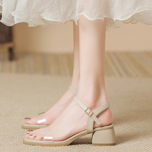韩国裸色时装粗跟凉鞋女夏季仙女风配裙子一字带透明中跟高跟鞋子