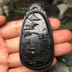 实拍 和田玉墨玉山水 牌子玉牌挂件吊坠 青海料玉石精雕