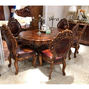 欧式餐桌餐椅组合高档实木雕花餐桌法式木面餐台六人饭桌餐桌家具