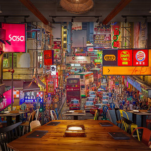 复古老香港式街道夜景墙布茶餐厅奶茶饭店主题画港风城市建筑壁纸