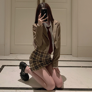 学院风复古jk制服套装裙女春秋露腰西装配领带衬衫包臀裙三件全套