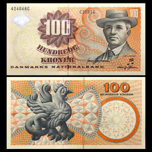 欧洲 全新unc 丹麦100克朗 纸币 外国钱币 2002年 p-61
