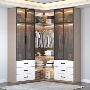 定制大衣橱轻奢对开门l型u型全屋定制步入式衣帽间转角玻璃门衣柜