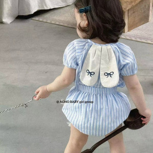 AONO可爱兔耳朵套装女宝宝夏季超薄超萌蓝色条纹花苞裤短袖两件套