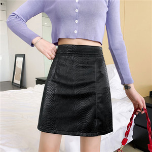 2020秋冬港风设计感a字蛇皮纹开叉皮裙高腰百搭款半身裙包臀裙潮