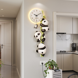 美世达熊猫挂钟装饰画沙发新款客厅创意时钟餐厅背景墙钟表挂画
