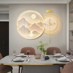 餐厅装饰画带钟表2023新款饭厅餐桌挂画客厅背景墙壁画大气高级感