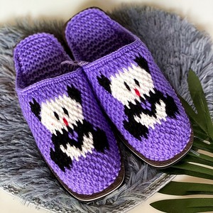 卡通纯手工卧室情侣平底熊猫图案拖鞋男女成人防滑地板毛线婚嫁鞋