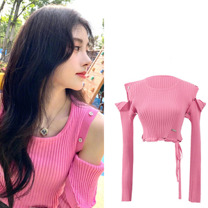 lisapinck粉色鞠婧祎露肩针织衫女长袖短款修身法式小众打底衫秋
