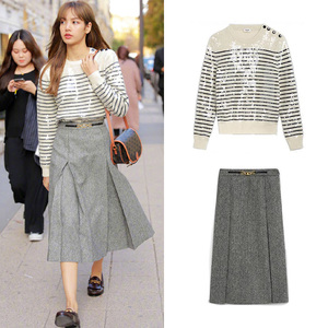 明星lisa同款黑白条纹针织衫女慵懒风亮片套头时尚毛衣潮