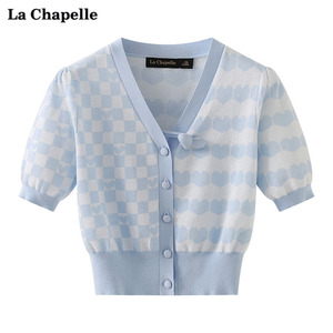 拉夏贝尔/La Chapelle夏浅蓝色格纹v领短袖针织衫女修身开衫上衣