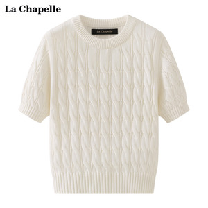 拉夏贝尔/La Chapelle波浪麻花纹短袖T恤针织衫女毛衣泡泡袖上衣