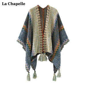 拉夏贝尔/La Chapelle春季复古波西米亚针织流苏披肩女刘亦菲同款