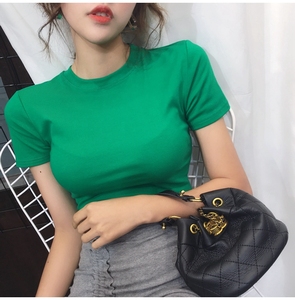 韩版基础款纯色紧身短袖t恤超短款露脐装2019夏新款百搭打底衫女