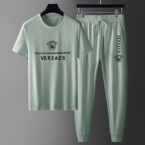 休闲套装男士夏季冰丝运动服短袖t恤裤子两件套跑步修身潮军绿色