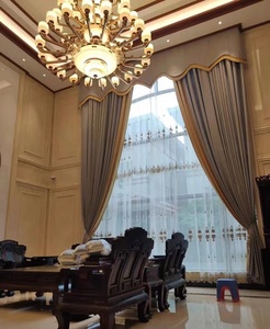 别墅高窗窗帘加高自建房挑空客厅复式楼窗帘高度不拼接纯色简约风