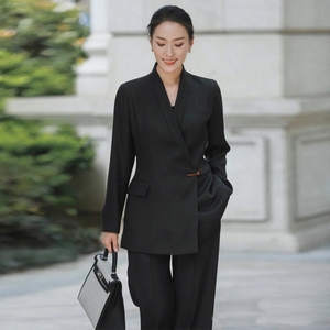鞠小姐黑色西装套装女2022年新款轻奢中国风女装中式斜襟系带外套