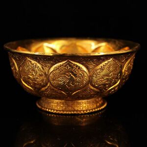 古玩旧藏珍品唐代宫廷御用纯铜鎏真金碗传承收藏怀旧纪念工艺品
