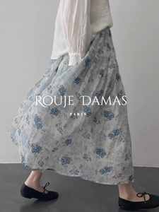 Rouje Damas法式蓝色苎麻半身裙女夏季小个子棉麻半裙碎花裙长裙