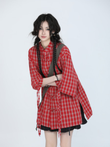 【坐吃山空】新中式复古红色格子短袖衬衫女设计感小众宽松衬衣潮