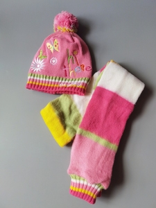 冬季女童帽子围巾2件套装宝宝儿童刺绣蝴蝶保暖针织毛线双层冬帽