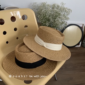 【夏威夷海滩】度假风拉菲草帽～平顶草编遮阳帽子沙滩防晒太阳帽