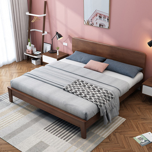 北欧实木床胡桃色主卧1.8米双人床出租房现代简约原木卧室家具床