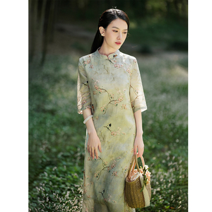 中国风棉麻连衣裙女2024夏季复古高端印花女装七分袖改良版旗袍裙