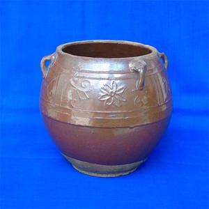 古董瓷器文革褐色釉刻花四系罐怀旧老罐子创意花盆民俗摆件老物件