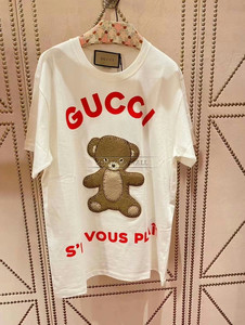 Gucci/古奇 春夏红色字母Logo印花小熊刺绣圆领短袖 白色 休闲T恤