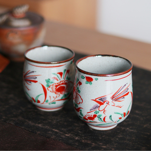 日本进口正品九谷烧职人赤绘花鸟纹情侣对杯日式陶瓷茶杯汤吞套装