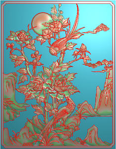 精雕图牡丹花山水花鸟 牡丹鸟 柜子书柜门板 浮雕灰度电脑雕刻jdp