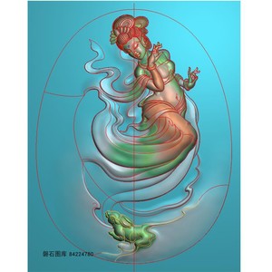 仙子人物仙女牌子美女挂件玉雕嫦娥玉兔精雕图浮雕灰度电脑雕刻图