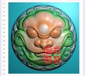 兽面貔貅金蟾头像挂件仿古圆形兽头牌子浮雕图灰度精雕图雕刻圆牌