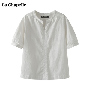 拉夏贝尔/La Chapelle甜美短袖衬衫女夏季新款宽松泡泡袖百搭上衣