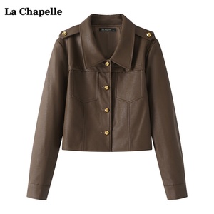 拉夏贝尔/La Chapelle复古翻领短PU皮衣短外套女秋季百搭夹克上衣