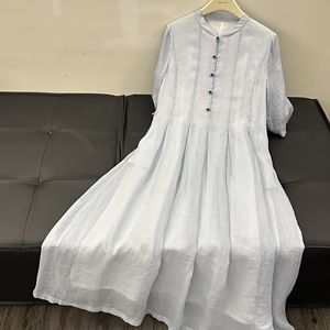 DaJessie 仙气超仙森系显瘦苎麻气质蓝色连衣裙3.31