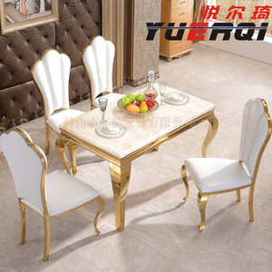 现代金色不锈钢餐桌椅组合 高档大理石餐桌 欧式长方形个性餐台