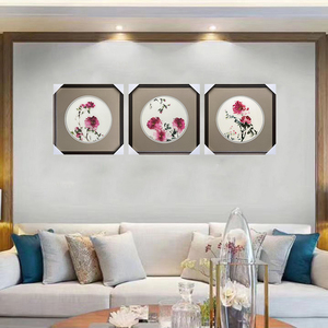 刺绣苏绣成品挂画手工1--4桑蚕丝新中式牡丹花三联客厅沙发背景墙