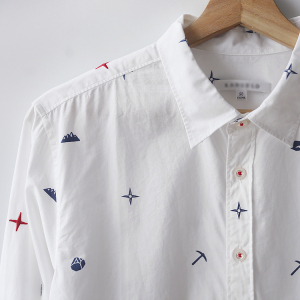 清新白底刺绣图案十字星商场高货男士长袖衬衣衬衫全棉纯棉休闲