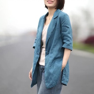 亚麻休闲西装外套女2023夏季韩版显瘦中长款百搭半袖西服外搭上衣