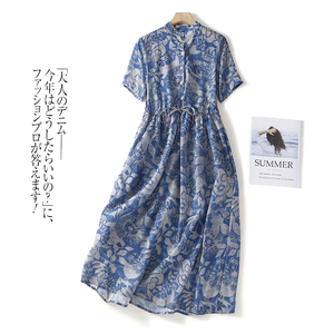 日本日系高端外贸出口尾单复古印花棉麻连衣裙女气质抽绳中长裙子
