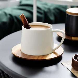 杯子简约中式创意实用潮流陶瓷马克杯带相思木盖木垫咖啡杯牛奶杯