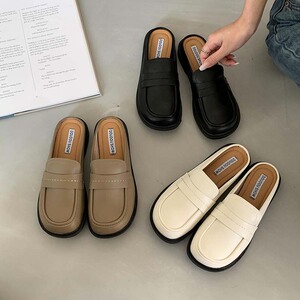 英伦风拖鞋女2022春秋百搭韩版复古一脚蹬小皮鞋平底学生包头半托