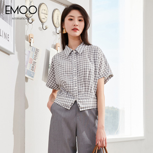 EMOO杨门夏季新品格子宽松短袖衬衣女短版显高收腰衬衫女